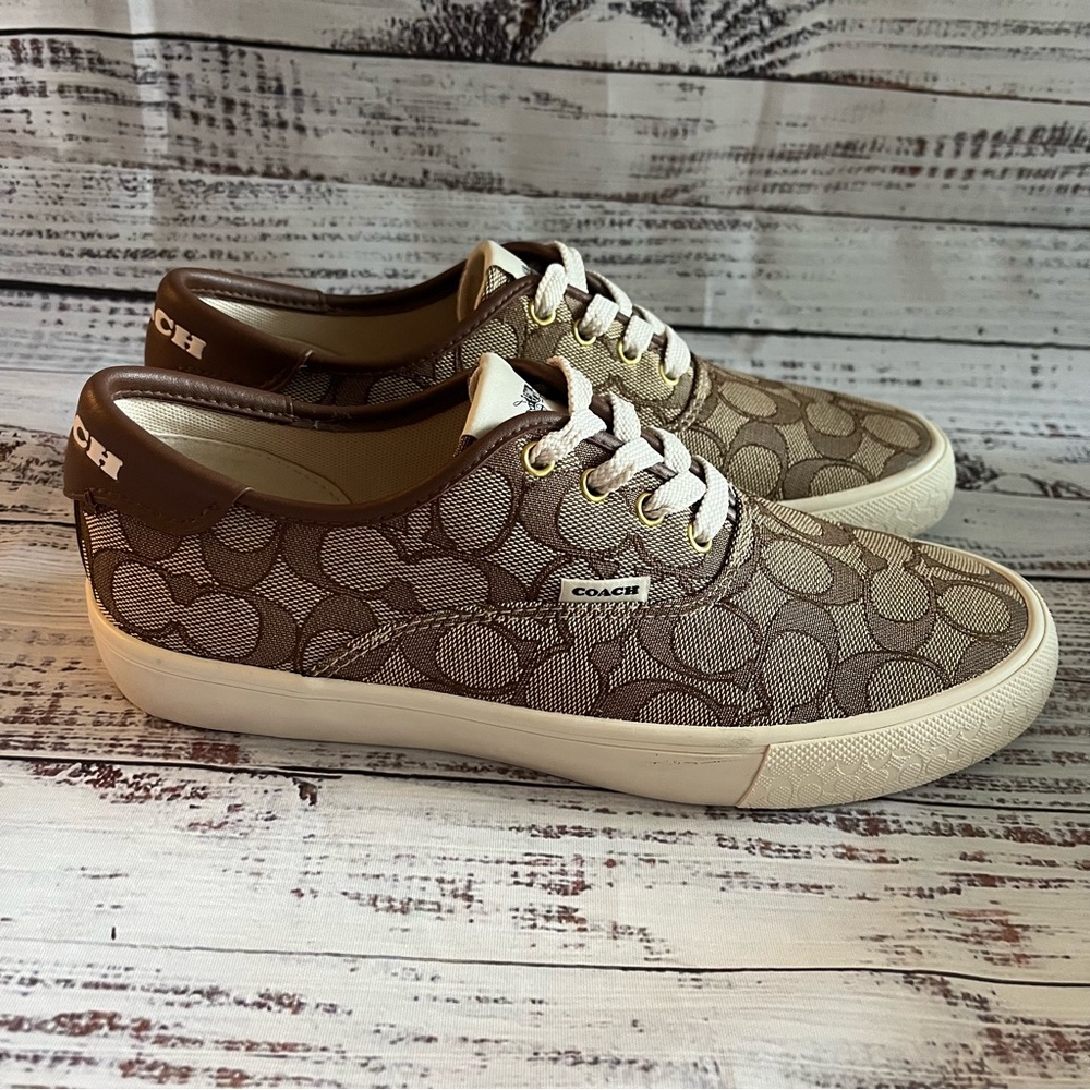 Coach Beige Monogram Low-Top Sneakers with White Soles - Picture 7 of 13